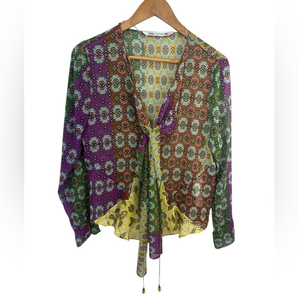 Zara Zodiac Printed Tie Front Sheer Blouse - Picture 2 of 8